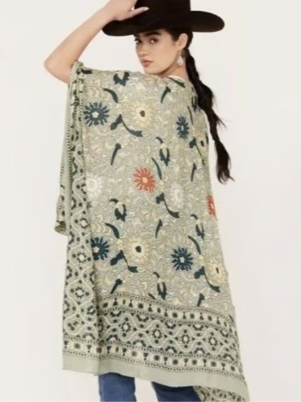 Free People Magic Dance Border Print Duster in Moss Floral Open-Front Kimono OS